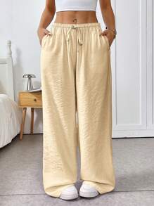 SHEIN EZwear Women's Apricot Color Woven Casual Pants, Summer,Butter Yellow - Apricot - View 3