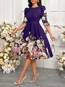 SHEIN Lady 蓝色印花修身女式连衣裙 教堂女装 A 字型优雅女式连衣裙 - 紫紅色 - 查看 6