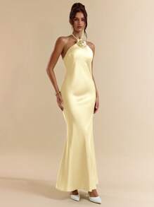 SHEIN BAE Green Sexy Spaghetti Strap Sleeveless Floral Decor Extra Long Satin Mermaid Dress, Perfect For Bridesmaid, Satin Dress, Sexy Dress Party Dresses For Women Butter Yellow Dress,Valentine's Day,Valentine Outfits For Women - Yellow - View 6