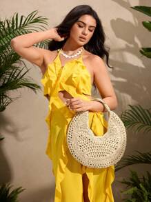 SHEIN SXY 女士单肩包、流浪包、草编包、编织包、时尚、优雅、简约、个性、多功能、适合海滩、度假、节日、夏季、海边、约会、日常、下午茶 - 杏色 - 查看 7