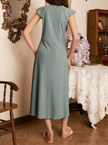 Côtesoire Women's Lace Patchwork Deep V-Neck Ruffle Trim Rib Knit Long Nightgown - Mint Green - View 2