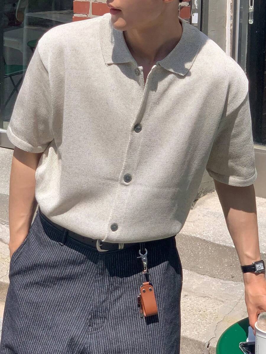 DAZY Men's Summer Solid Single Breasted Knitted Top - Khaki - View 1