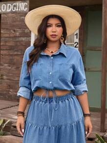 SHEIN LUNE Plus Size Women Casual Drawstring Hem Button Down Long Sleeve Denim Blouse - Blue - View 6