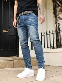 Manfinity Homme Men's Camouflage Denim Jeans, Fashionable For Summer - Medium Wash - View 6