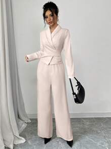 SHEIN Clasi Solid Color Shawl Neck Criss-Cross Wrap Tie Bow Back Elegant Women Jumpsuit Fall Cloth For Women - Apricot - View 4