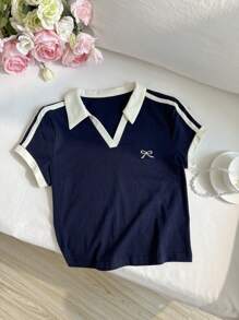 Elamini 夏季休闲撞色领 Polo 衫，蝴蝶结刺绣