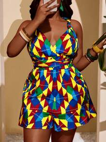 Slaydiva Macaquinho Plus Size Feminino de Verão com Amarra no Pescoço, Nó na Cintura, Estampa Xadrez Colorida - B - Multicolorido - Visão 1