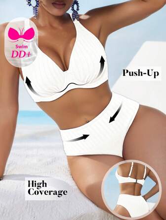 Swim DD+ Women Sexy Gathered Wire Decor Textured DD+ Cup High Waist 2 Pieces Bikini Set, Blue, Beach Summer Outfits