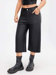 Women's Coated Solid Color Loose Capri Pants With Pockets, Casual - Black - View 6