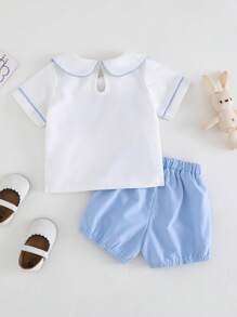 SHEIN Playful Pals 2 件套幼儿男童服装 - 中式领汽车印花衬衫搭配蓝色梭织短裤套装，适合宝宝在派对、婚礼、正式活动中作为花童服装穿着 - 彩色 - 查看 2