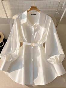 SHEIN Tall Tall Elegant Satin Metal Buckle Leather Belt, Long Sleeve Women Shirt Suitable For Party, Office, Christmas, Spring/Summer - White - View 1