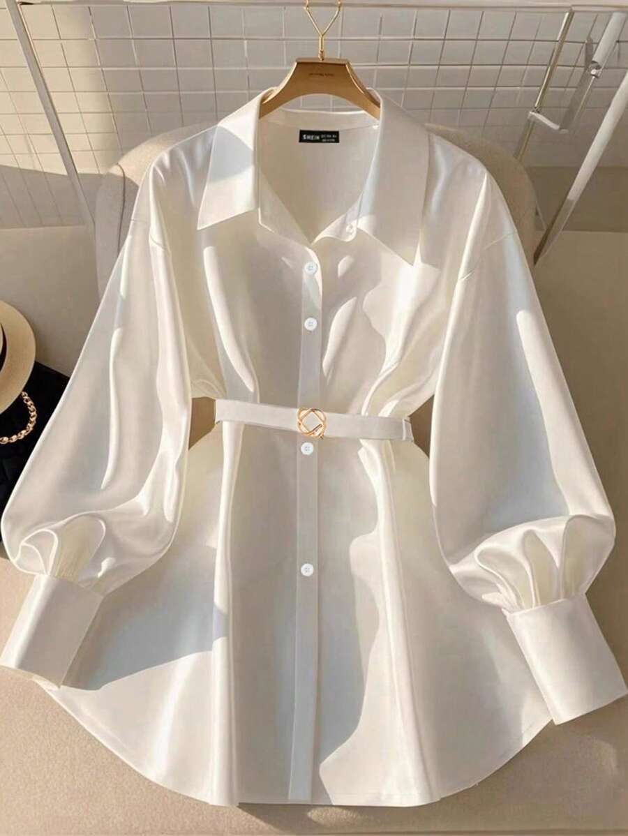 SHEIN Tall Tall Elegant Satin Metal Buckle Leather Belt, Long Sleeve Women Shirt Suitable For Party, Office, Christmas, Spring/Summer - White - View 1