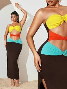 Sirith Vestido ajustado sexy de verano de bloques de color con diseño retorcido y hueco - Multicolor - Ver 7