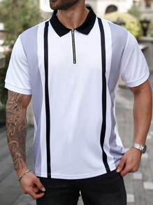 Manfinity Homme 大码男式拼色短袖 Polo 衫 - 白色 - 查看 6