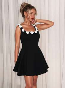 Glamine Women's Elegant Off Shoulder Mini Dress, Ladies High Class Dress, Floral Beach Holiday Outfit - Black - View 3