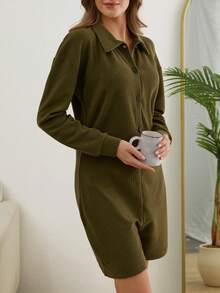 EURMUSE Women Cotton Textured Collar Detail Lounge Jumpsuit - Dark Green - View 3