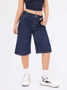 SHEIN EZwear Jeans informales con efecto desgastado, tiro bajo, pierna ancha y entrepierna de 6 pulgadas