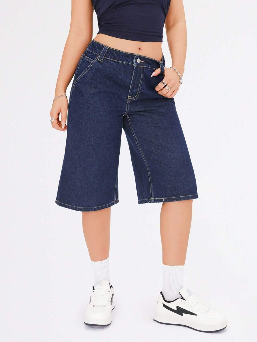 SHEIN EZwear Jeans informales con efecto desgastado, tiro bajo, pierna ancha y entrepierna de 6 pulgadas