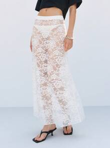 LYSMO Falda midi de encaje floral transparente de moda para mujer, nueva llegada 2025