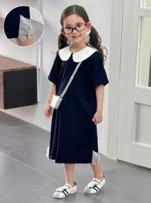 SHEIN Robe d'école pour jeune fille, style décontracté, ample, bleu, style résille, patchwork, col blanc, manches courtes, printemps/été - Bleu azur - Voir 1