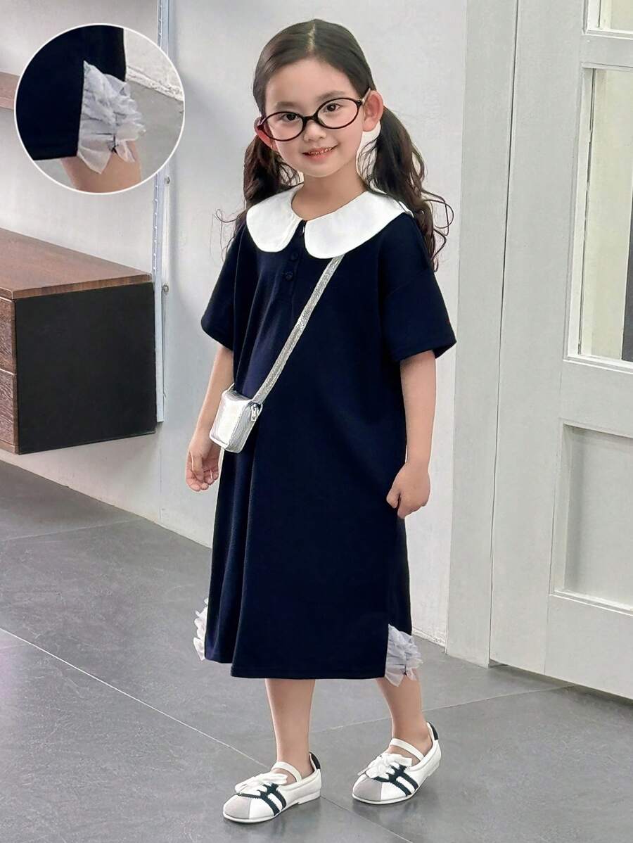 SHEIN Robe d'école pour jeune fille, style décontracté, ample, bleu, style résille, patchwork, col blanc, manches courtes, printemps/été - Bleu azur - Voir 1