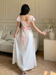 Modelyn Simple Floral Long Dress, Fashionable Suitable For Summer - White - View 2
