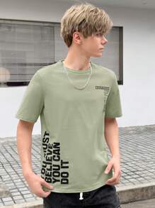 SHEIN 青少年男孩休闲柔软针织简约实用百搭短袖 T 恤，适合外出 - 軍綠色 - 查看 5