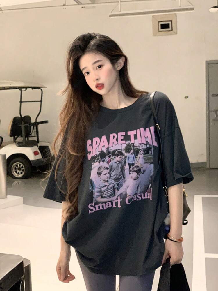 Women's Round Neck Casual Graphic Loose Street Style Short Sleeve T-Shirt, Summer Oversized T-Shirt
