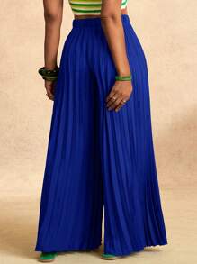 Slaydiva 优雅弹力腰深色系带绿色褶皱大脚超长阔腿裤女士加大码度假裤