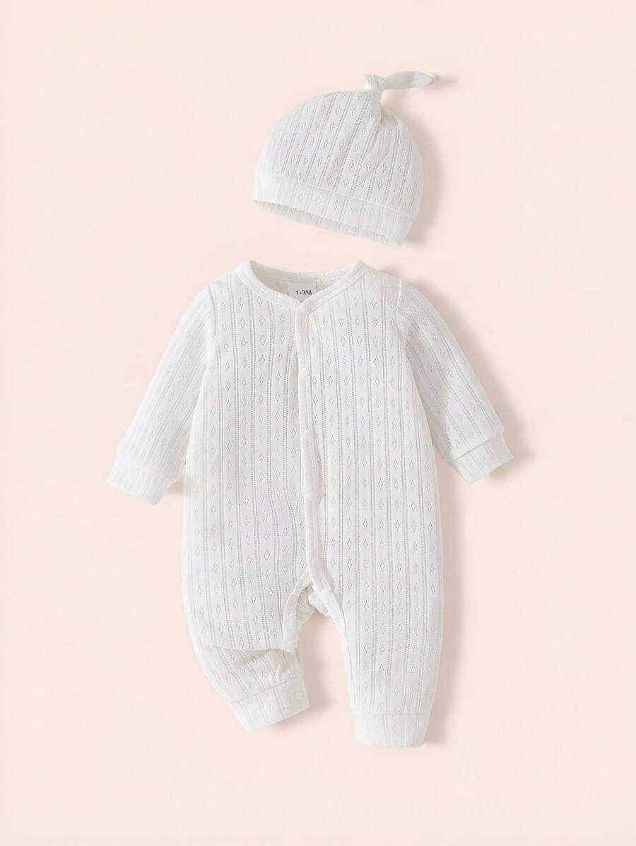 SHEIN Newborn Baby Unisex Jumpsuit Everyday Casual Solid Color Stretch Knit Jacquard Long Sleeve Button Up Regular Autumn Winter Infant Romper With Hat - White - View 1