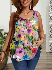 EMERY ROSE Plus Size Women  Countryside Casual Pleated Loose Floral Print Crew Neck Sleeveless  Loose Fit Tunic Dressy Tank Top/Top, Gifts For Mother, Summer Holiday, Vacation Outfits Women, Simple And Fashionable For Everyday Wear, Vacay Vibes, Springbreak, Casual Wear SS, Bohemia Suitable For Going Out - Multicolor - View 3
