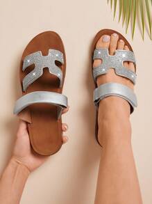 SHUZIA Wide-Fit Women's Color Matching H-Shape Adjustable Band Fashionable & Comfortable Flat Sandals For Daily Wear - Metallic Silver - View 3