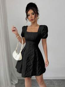 Rafferiza 女士泡泡袖V领连衣裙，时尚夏装 - 黑色 - 查看 4