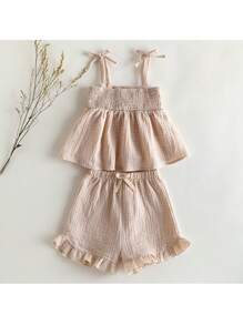 Loomiva 2pcs Baby Girls Solid Color Camisole Top And Elastic Waist Shorts Set - Beige - View 3