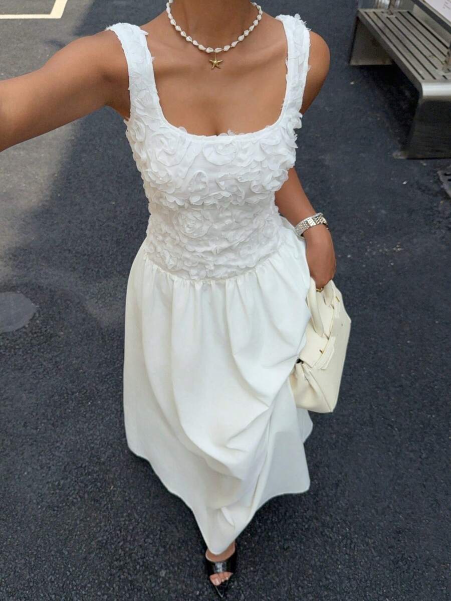 Siren Gaze Summer New Solid Color Three-Dimensional Flower Elegant Wedding Season Long Dress For Women, Graduation Season Dress, Elegant Dress, White Dresses Classy Elegant, White Graduation Dress, Concert Outfits For Women,Graduation Dresses