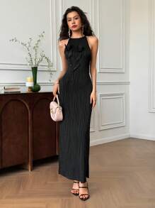 EastFlair 优雅女士无袖 V 领高开叉花卉装饰连衣裙