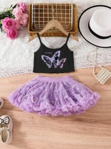 SHEIN Young Girl Summer Casual Butterfly Print Camisole And Tulle Puff Skirt Set