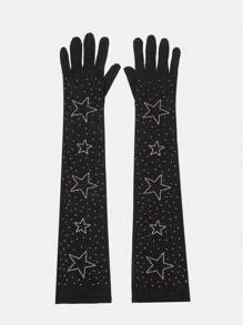 SHEIN SXY Simple & Practical Rhinestone Star Black Gloves, Multi-Function - Black - View 1