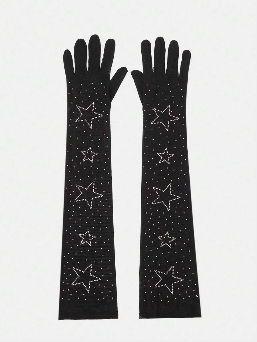SHEIN SXY Simple & Practical Rhinestone Star Black Gloves, Multi-Function - Black - View 1