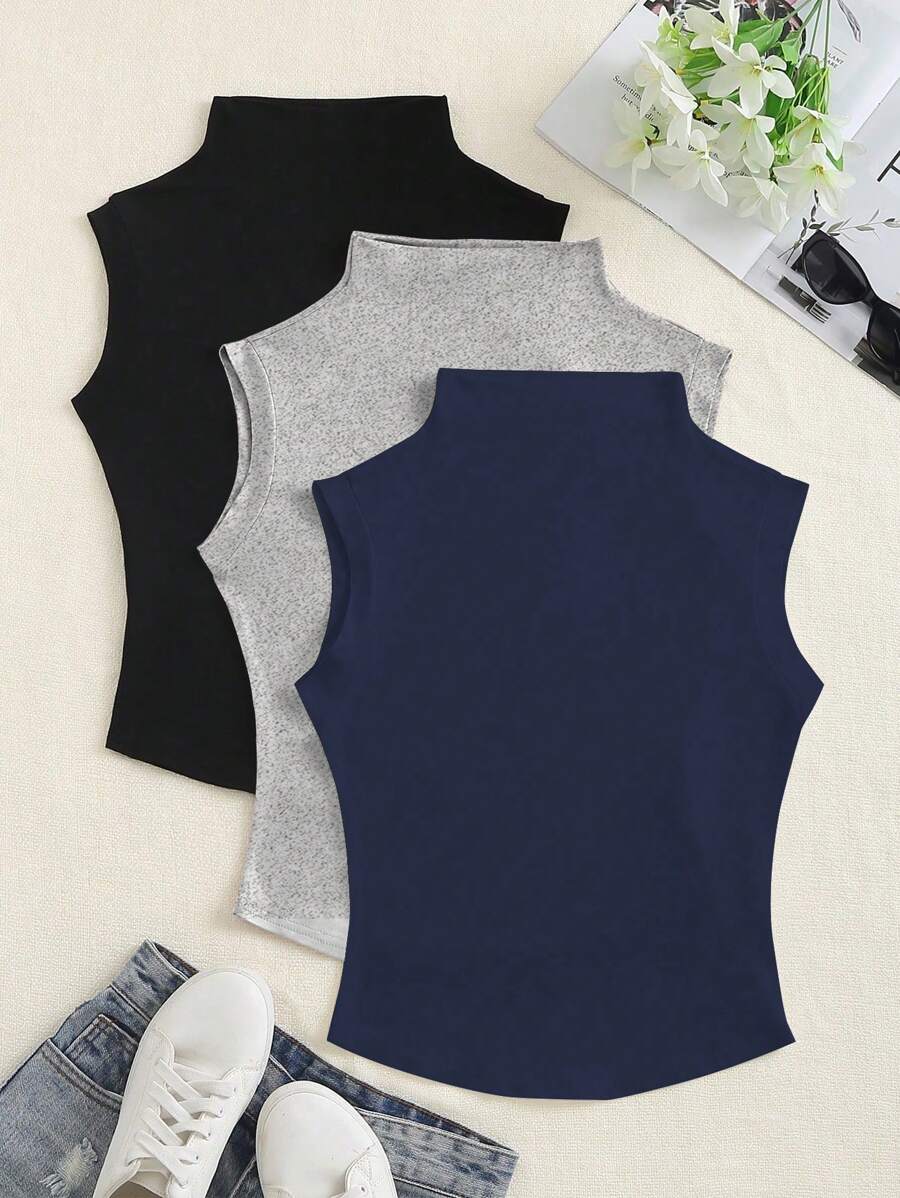Elamini Women's Summer Solid Color Slim-Fit Turtleneck T-Shirt - Multicolor - View 1