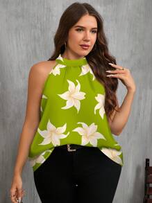 SHEIN Clasi 大码花卉印花休闲衬衫，适合夏季 - 綠色 - 查看 5