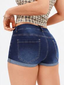 SHEIN EZwear Women Roll-Up Hem Pockets Casual Denim Shorts - Dark Wash - View 2