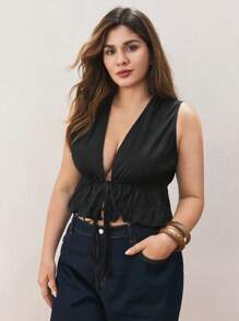 Maija Plus Size Summer Black Sleeveless Elastic Pleats Elegant Fashion Tie Front Top Summer Women Vacation Beach Business Casual Woman Going Out Tops Boho Office Outfits Festival Outfits For Rave Hawaii - Black - View 2