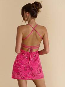 SHEIN BAE Váy ngắn buộc dây hở lưng đính sequin màu hồng trơn cho mùa xuân và mùa hè, váy nghỉ mát thanh lịch, váy phù dâu, phù hợp cho khu nghỉ dưỡng, bãi biển, lễ hội âm nhạc, sinh nhật, tiệc trưa, trang phục cho khách dự tiệc cưới - Màu Hồng Tươi - Xem 2