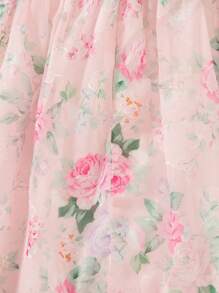 Elladie kids 年轻女孩玫瑰碎花无袖荷叶边连衣裙，拉链后开合时尚休闲公主裙，甜美可爱，适合日常穿着 - 玫紅色 - 查看 5