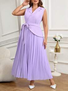 SHEIN Clasi Váy xếp ly không tay màu trơn thanh lịch cỡ lớn - Màu tím - Xem 6