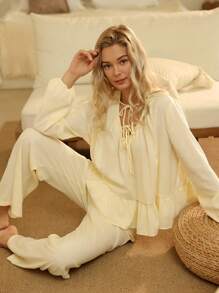 Deep V-Neck Drawstring Woven Loungewear Set For Women - Yellow - View 5