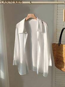 SHEIN Explorewe Fashionable Teen Girls' Solid White Open Front Shirt, Versatile Casual Wear, Protection, Spring/Summer/Autumn - White - View 1