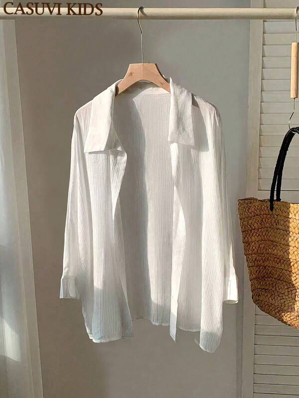 SHEIN Fashionable Girls/Teens' Solid White Open Front Shirt, Versatile Casual Wear, Protection, Spring/Summer/Autumn