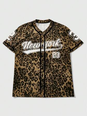 Prep Camisa de manga corta informal de verano para hombre con logo de ciudad y estampado de leopardo